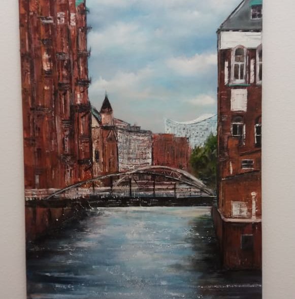 Speicherstadt hängt an der Treppenhauswand